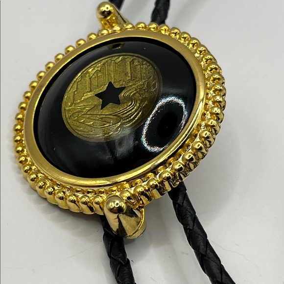 Black and Gold Bolo Tie with Circular Pendant with Star Center Black Braided - Picture 11 of 16